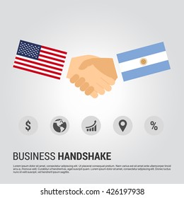 United States of America (USA) and Argentina businessmen shaking hands in a business environment