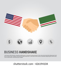 United States of America (USA) and Chechen Republic of Lchkeria businessmen shaking hands in a business environment
