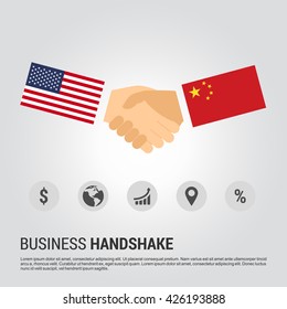 United States of America (USA) and China businessmen shaking hands in a business environment