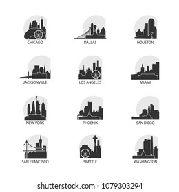 United States of America USA cities icons set, modern skyline citysape landmark logo vector pack