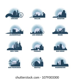 United States of America USA cities icons set, modern skyline citysape landmark logo vector pack