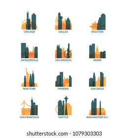 United States of America USA cities icons set, modern skyline citysape landmark logo vector pack