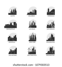 United States of America USA cities icons set, modern skyline citysape landmark logo vector pack