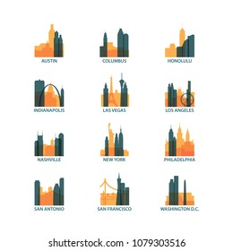 United States of America USA cities icons set, modern skyline citysape landmark logo vector pack