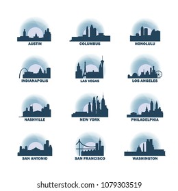United States of America USA cities icons set, modern skyline citysape landmark logo vector pack