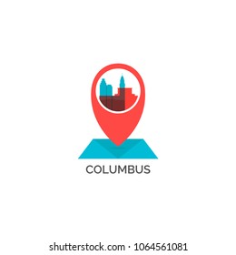 United States of America USA Columbus city skyline landscape silhouette flat vector logo icon. Cool urban horizon map pin point geolocation illustration concept