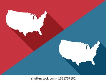 United States of America, USA diagonal divide with white map & long shadow on RED-BLUE background.