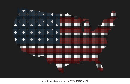 United States of America or USA dotted map flag with grunge texture in mosaic dot style. Abstract pixel vector illustration of a country map with halftone effect for infographic. 