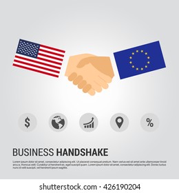 United States of America (USA) and European Union businessmen shaking hands in a business environment