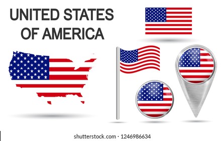 UNITED STATES OF AMERICA. USA Flag Collection. Colorful flag, map pointer and map of USA in the colors of the national flag. Vector illustration of collection of national symbols on various objects. 