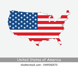 United States of America USA Flag Map. Map of U.S.A. with the American national flag isolated on a white background. Vector Illustration.