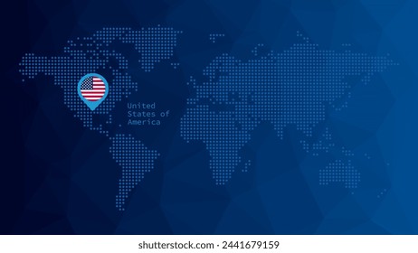 Icono de pin del mapa de la bandera de los Estados Unidos de América. Vector de fondo del mundo. Ilustración para elemento infográfico, signo americano, negocio global, diseño web, presentación, viajes. Patrón de triángulo