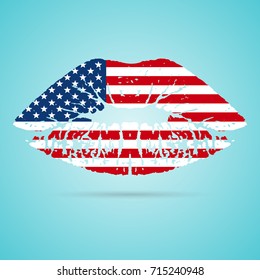 United States of America USA Flag Lipstick On The Lips Isolated On A White Background. Vector Illustration. Kiss Mark In Official Colors And Proportions. Independence Day