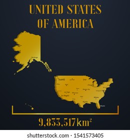 United States of America, USA golden 3d solid country outline silhouette, realistic piece of world map template, for infographic, vector illustration, isolated object, background. From countries set