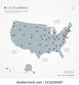 United States of America (USA) map with borders, cities, capital Washington, D.C. and administrative divisions. Infographic vector map. Editable layers clearly labeled.