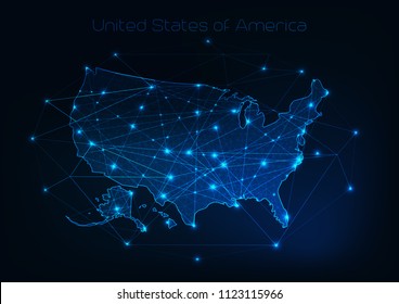 United States of America USA map outline with stars and lines abstract framework. Communication, connection concept.Modern futuristic low polygonal, wireframe, lines dots design. Vector illustration. 