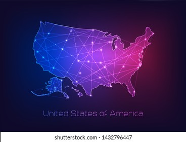 United States Of America USA Map Outline With Stars And Lines Abstract Framework. Communication, Connection Concept.Modern Futuristic Low Polygonal, Wireframe, Lines Dots Design. Vector Illustration. 