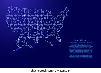  United States of America, USA map from blue pattern composed puzzles and glowing space stars. Vector illustration.