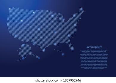 United States of America, USA map from blue pattern slanted parallel lines and glowing space stars grid. Vector illustration.