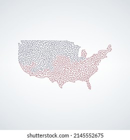 Estados Unidos de América, EE.UU. mapean el patrón rojo y azul de la cuadrícula del laberinto. Ilustración vectorial de material aislada en fondo blanco.