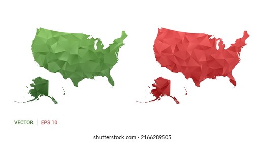 United States of America (USA) map of abstract vector polygon set couple color green and red.