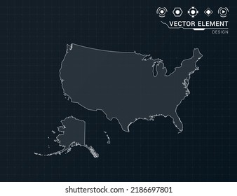 United States of America (USA) map of black digital frame HUD, GUI, UI interface technology radar vector.