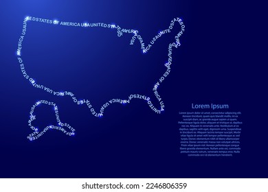 United States of America USA map country along contour of recurring english blue words name of state and glowing space stars 