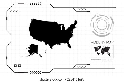 United States of America (USA) map of black digital frame HUD, GUI, UI interface technology radar vector.