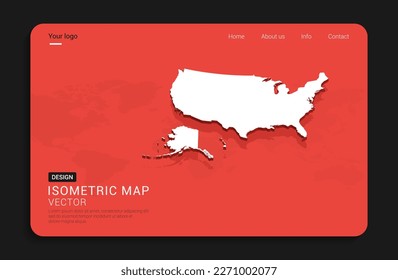 Vereinigte Staaten von Amerika (USA) Karte rot einzeln auf dunklem Hintergrund mit 3D-Weltkarte isometrische Vektorgrafik.