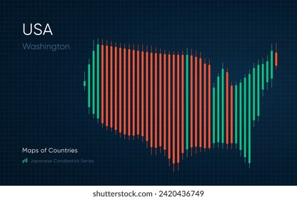United States of America, USA map is shown in a chart with bars and lines. Japanese candlestick chart Series	
