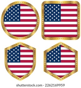 United States of America (USA) National Flag Collection Set of Circular, Square, Shield, Hexagon Gold Border Logo Button Icon Vector Design Isolated on White Background