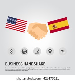United States of America (USA) and Spain businessmen shaking hands in a business environment
