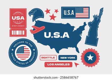 United States of America USA travel  stickers elements collection in flat style