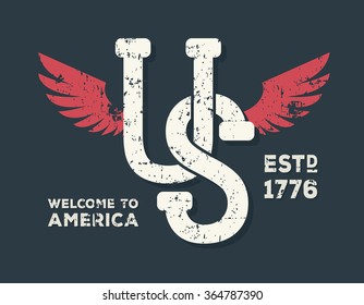 United States, America, USA typography. Vintage tee print design. T-shirt graphics. 