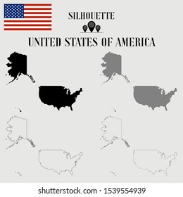 United States of America, USA, US outline world map, solid, dash line contour silhouette, national flag vector illustration design, isolated on background, objects, symbol from countries set