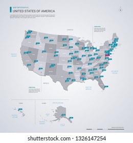 United States of America (USA) vector map with infographic elements, pointer marks. Editable template with regions, cities and capital Washington D.C.. 