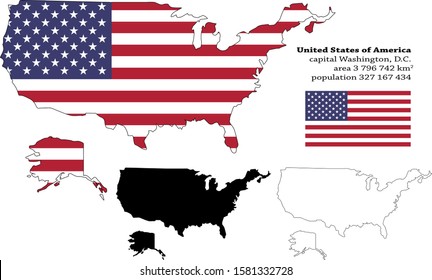 United States of America (USA) vector map, flag, borders, mask , capital, area and population infographic