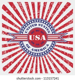 United States of America USA vintage label  on the abstract grunge background with rays