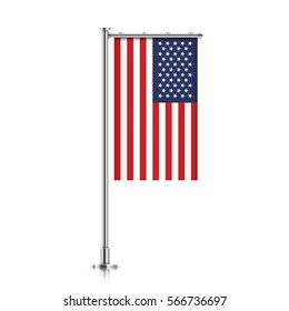 United States of America vector banner flag hanging on a silver metallic pole. Vertical USA flag template isolated on a white background.
