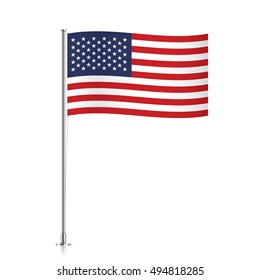 United states of America vector flag template. Waving USA flag on a metallic pole, isolated on a white background.
