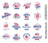 United States of America Vector Logos Vintage set. Independence day national holiday icons collection Blue and red colors USA windy flags. Retro style lettering