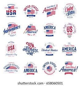 United States of America Vector Logos Vintage set. Independence day national holiday icons collection Blue and red colors USA windy flags. Retro style lettering