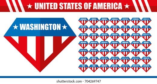 United states of America Vector logos Big Set. New York Washington California Alaska Arkansas Florida Idaho Illinois Indiana Kansas Louisiana Minnesota Nevada New Jersey 