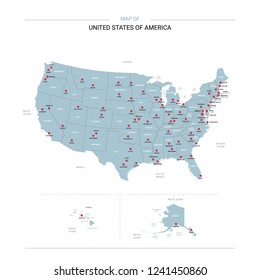 United States of America vector map. Editable template with regions, cities, red pins and blue surface on white background. 