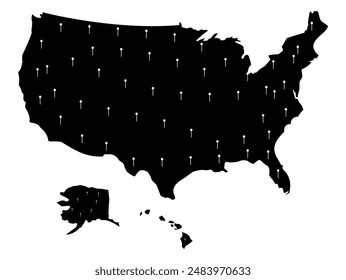 United States of America vector map. Editable template with white pins isloated on white background.