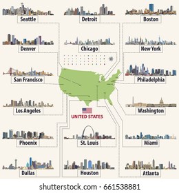 United States of America vector map with largest cities skylines