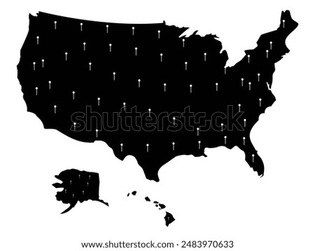 United States of America vector map. Editable template with white pins isloated on white background.
