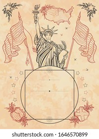 United States of America vertical background. Patriotic art. Statue of liberty, flag and map.  USA, history and culture vintage template