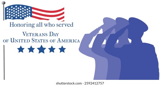 United States of America Veterans Day, honoring all who served, USA flag, military silhouettes, vector illustration