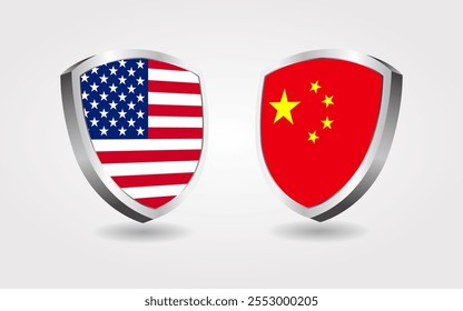 United States of America vs China flags shields isolated on white Background, Vector illustration